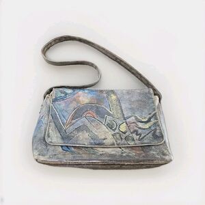 Jane Yoo Hawaii Wearable Art Hand-Painted Signed Leather Shoulder Bag Geometric